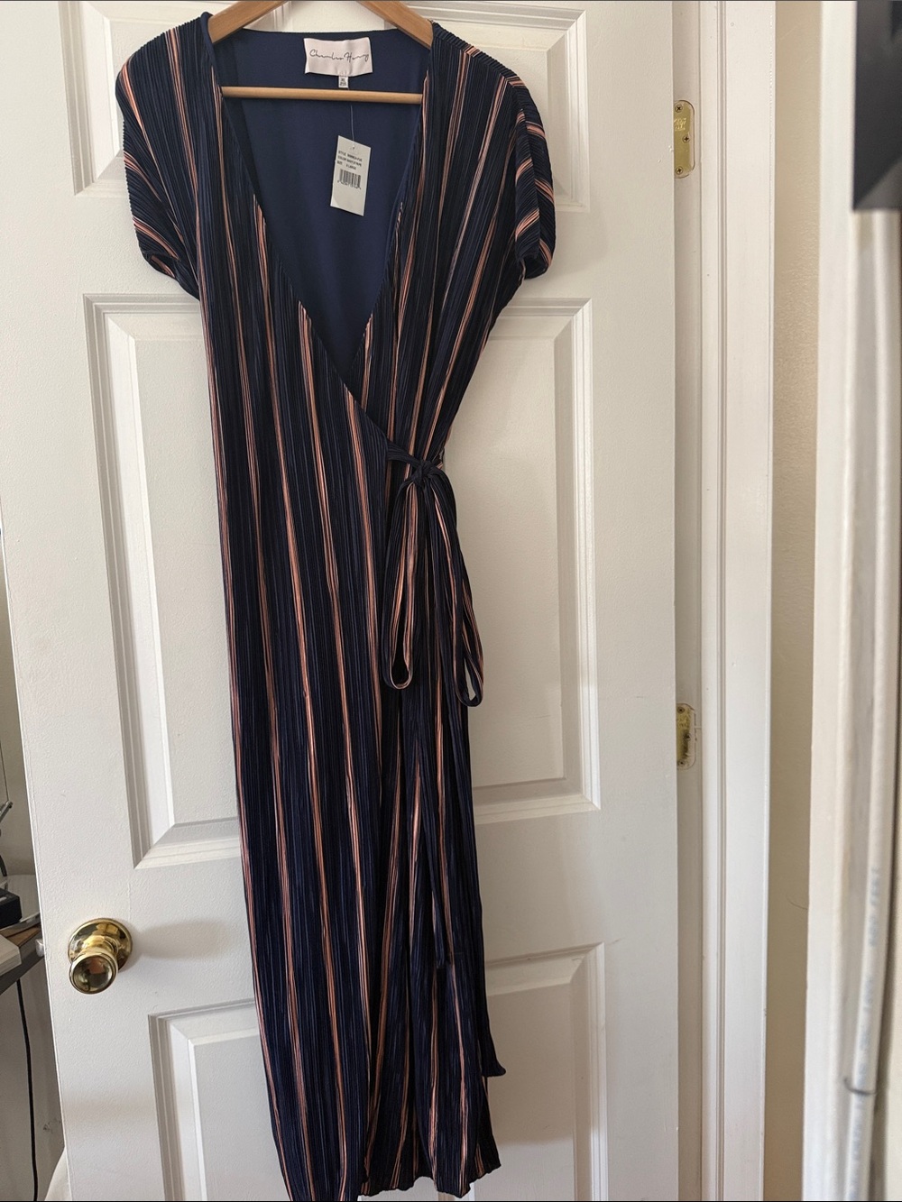 Charles Henry Pleated Wrap Midi Dress Navy Stripe NWT XL Made in USA